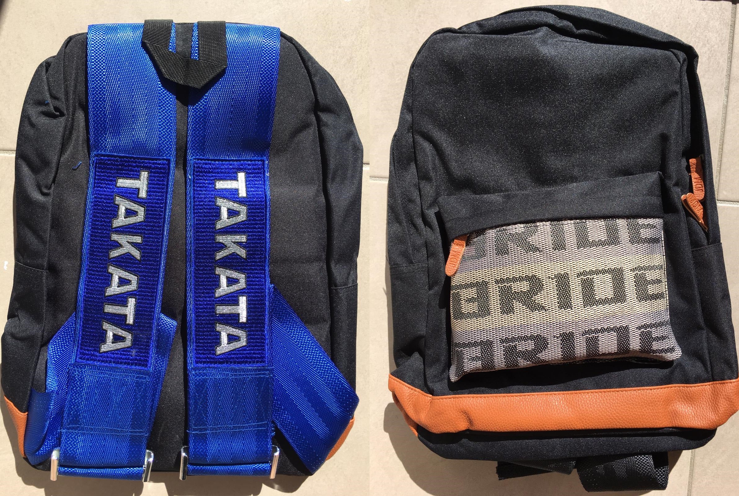 JDM Bride Bag Backpack With Blue Takata Racing Harness Strap & Brown Leather